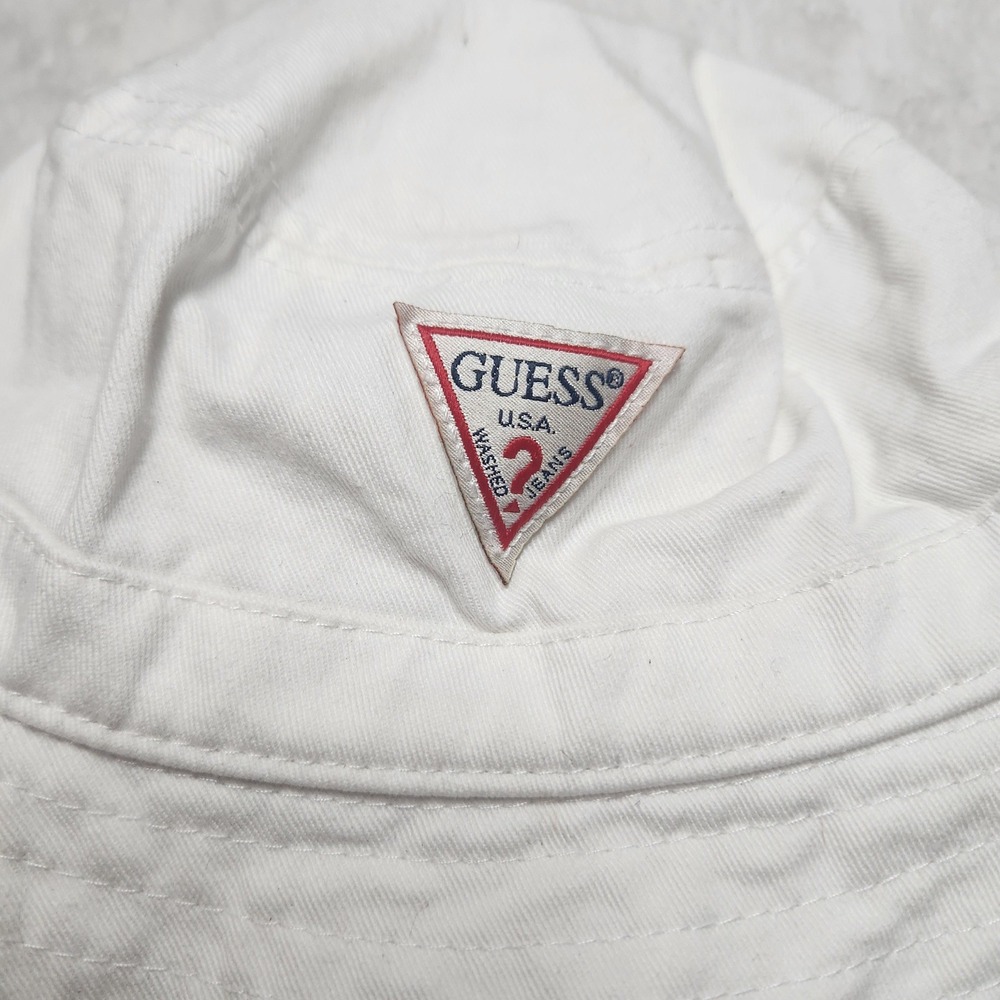 Guess Jeans White Cotton Bucket Hat Triangle Logo Patch Mens Womens Streetwear